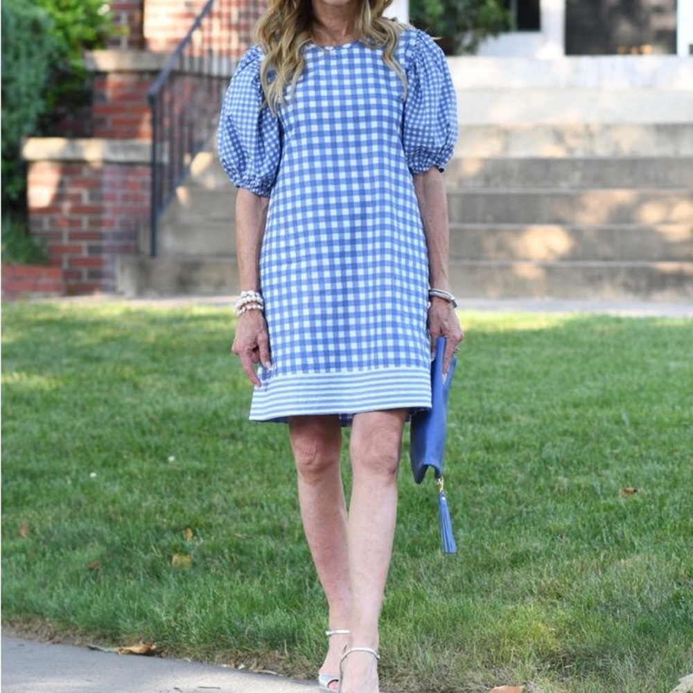 Oliphant blue white puff sleeve gingham dress